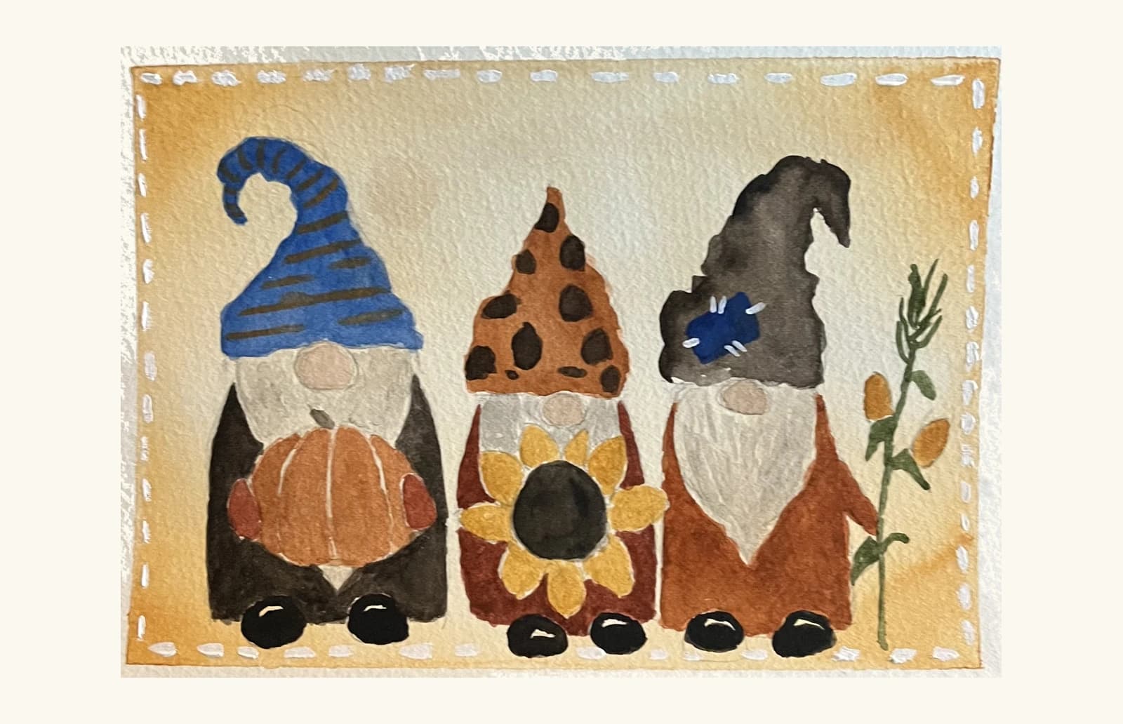 Watercolor painting of autumn gnomes