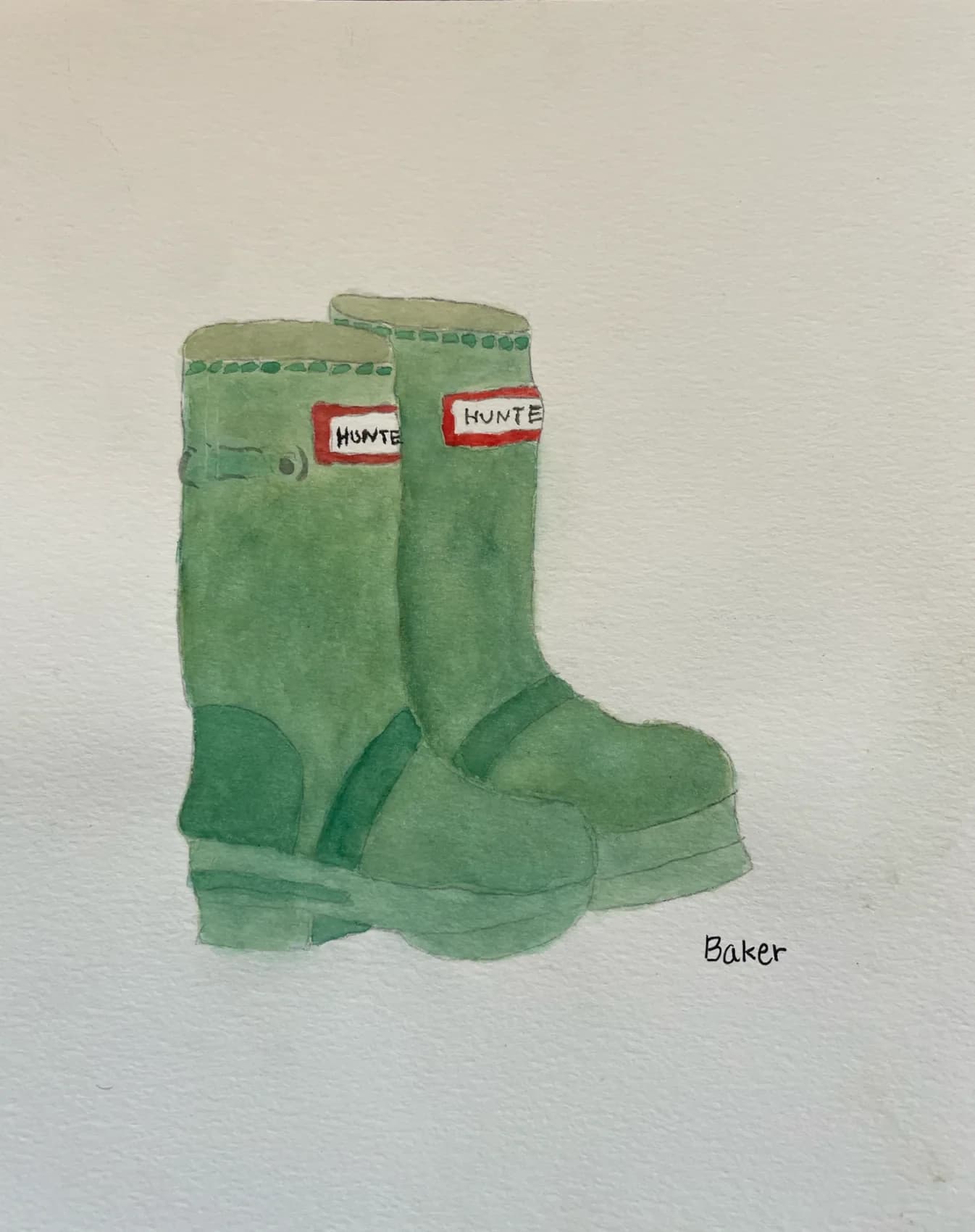 Watercolor painting of green rain boots