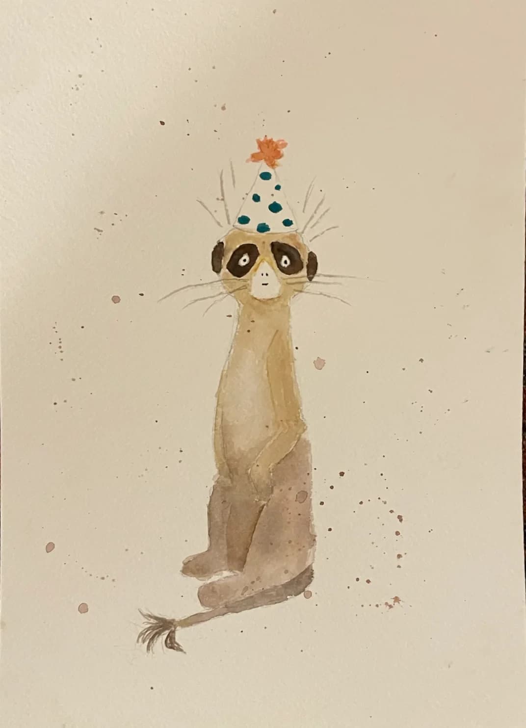 Watercolor painting of a meerkat in a party hat