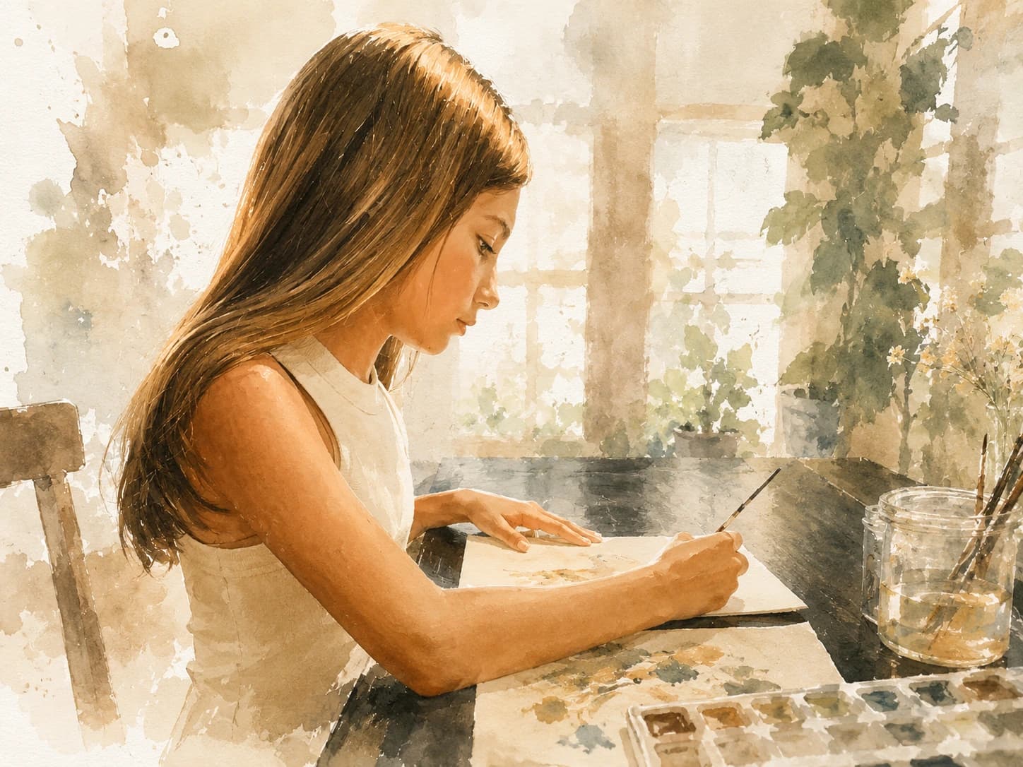 Watercolor-style illustration of Baker painting